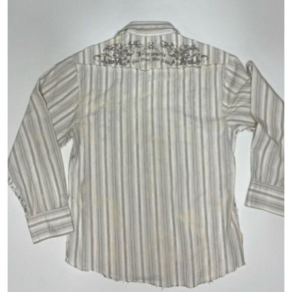 Roar Shirt Men Large Long Sleeve Button Up White Striped Distressed Hems Western - Picture 2 of 11